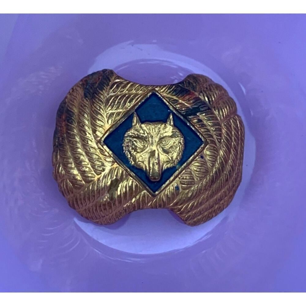 Vintage Boy Cub scout Wolf Neckerchief Scarf Tie Clip Gold Blue 1003